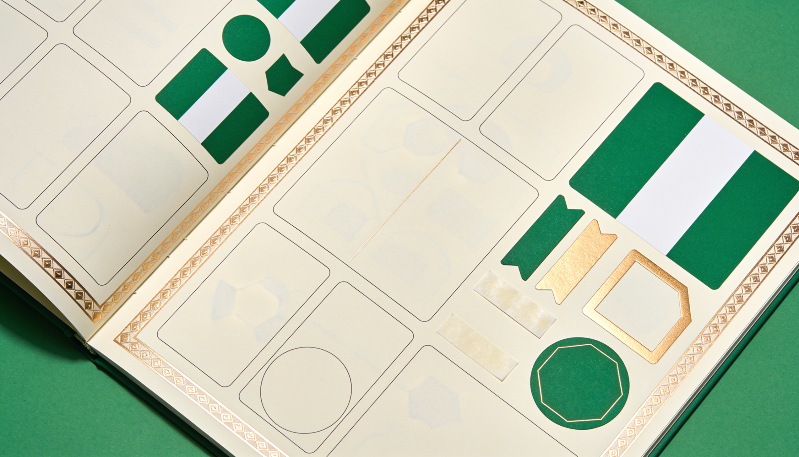 Premium open football sticker album with green and gold collectible spaces